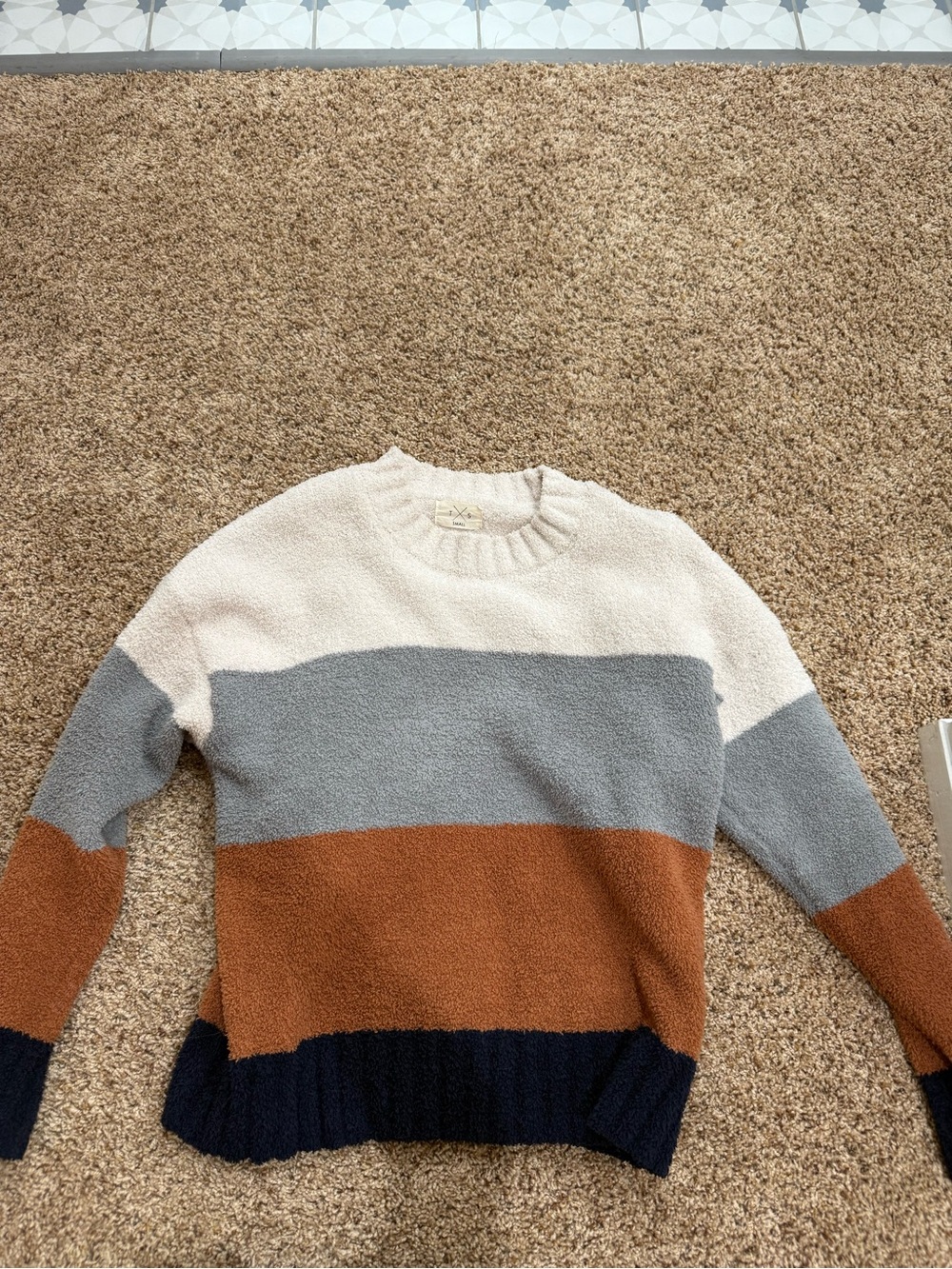 Striped Cozy Crewneck Sweater in Cream, Gray, Rust & Navy